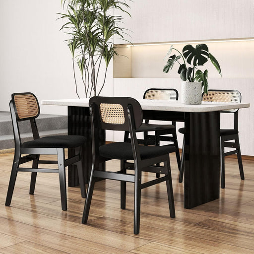 Black Rattan Dining Chairs Set of 4 Lambswool Dining Room Chairs Natural Wooden Kitchen Chairs Farmhouse Boho