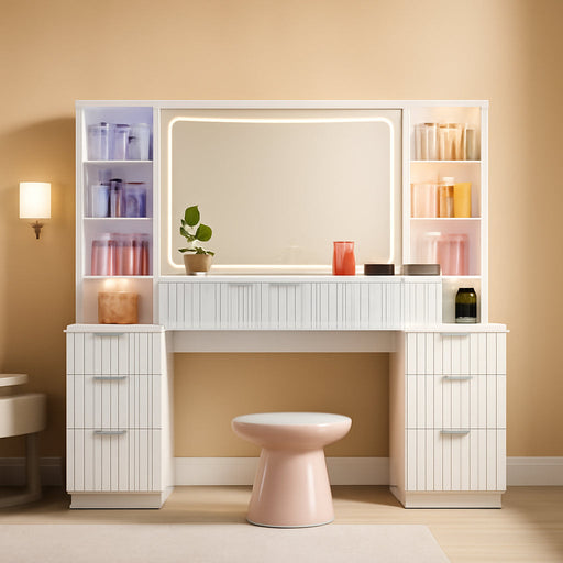 Big Vanity, Fluted Wood Makeup Vanity Desk with Mirror and Sound Sync LED Lights, Large Vanity Dressing Table, 8 Drawers, Charging Station for Girls, Women (White, 59.1" Width)