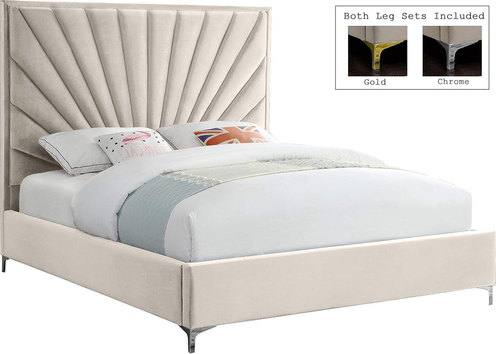 Eclipse Collection Modern | Contemporary Velvet Upholstered Bed with Channel Tufted Design and Complete Sets of Gold and Chrome Legs Included, Queen, Cream