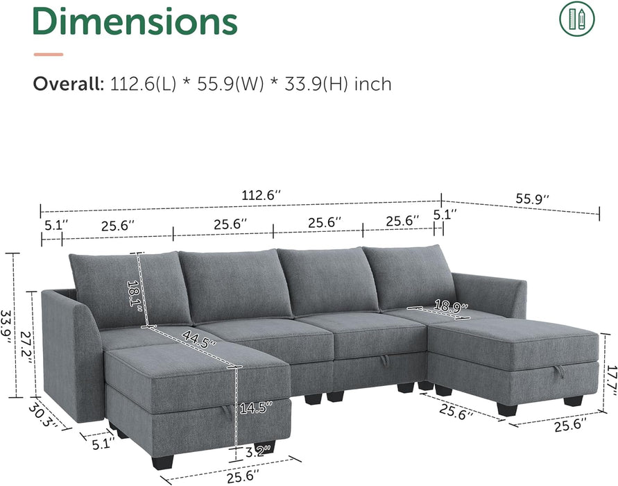 Modular U-Shaped Sectional Sofa Bluish Grey, Storage