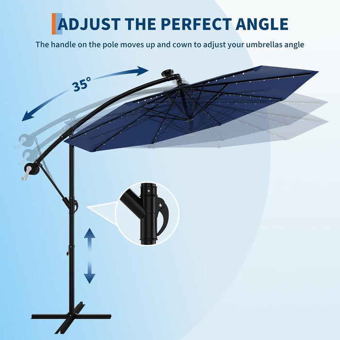 10FT Solar Lights Offset Patio Umbrella with Cross Base, Cantilever Umbrella with Easy Lift & Tilt Adjustment, 8 Ribs Sun Umbrella UV Protection for Backyard, Pool, Garden