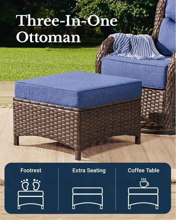 Luxury Outdoor 8-Piece High Back Patio Furniture Set, with 3-Seater Sofa, 4 Swivel Rockers, 2 Ottomans, 1 Coffee Table, 6'' Thick Cushions, Ideal for Porch, Poolside, Deck, and Yard (Blue)