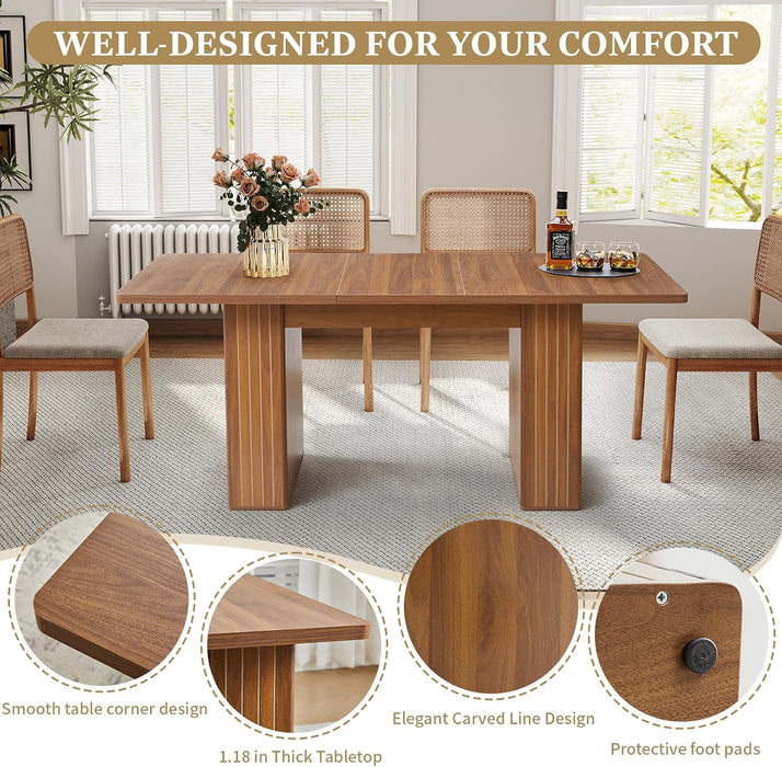 55 In–71 in Extendable Rectangular Dining Table for 4–6, Modern Farmhouse Expandable Kitchen Table with Carved Line Base, Wooden Dinner Table for Kitchen Living Room Home Office (Walnut)