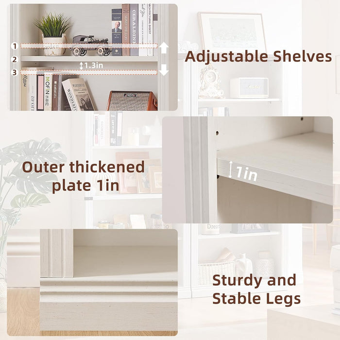 70" White Tall Book Shelf, 5 Tier Wooden Farmhouse Bookcase | Adjustable Shelves Book Case, Open Display Storage, Wood Veneer Bookshelves, Thick Sturdy Base, for Living Room,Office