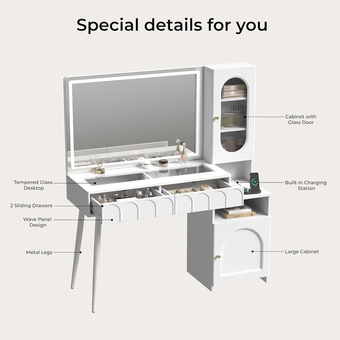 Vanity Desk with Mirror and Lights, 48'' Makeup Vanity with Arch Groove, Fluted Modern Vanity with Glass Top & Storage Cabinet, 3 Lighting Modes Adjustable Brightness for Bedroom, White