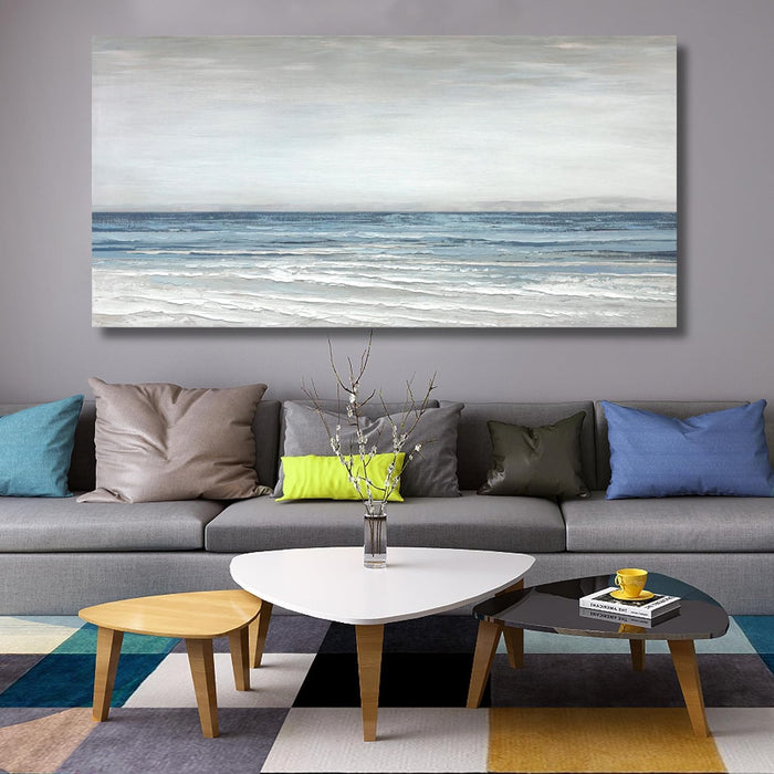 Abstract Wall Art Painting Wall Decor Large Artwork Textured Blue and White Sea Background Canvas Wall Art for Living Room Bedroom Home Decor 20"X40"