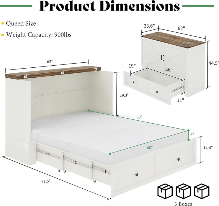 Queen Murphy Bed Cabinet with 6" Tri-Fold Memory Foam Mattress, Storage Drawer & Charging Station, Space-Saving Guest Bed for Home Office, Distressed White