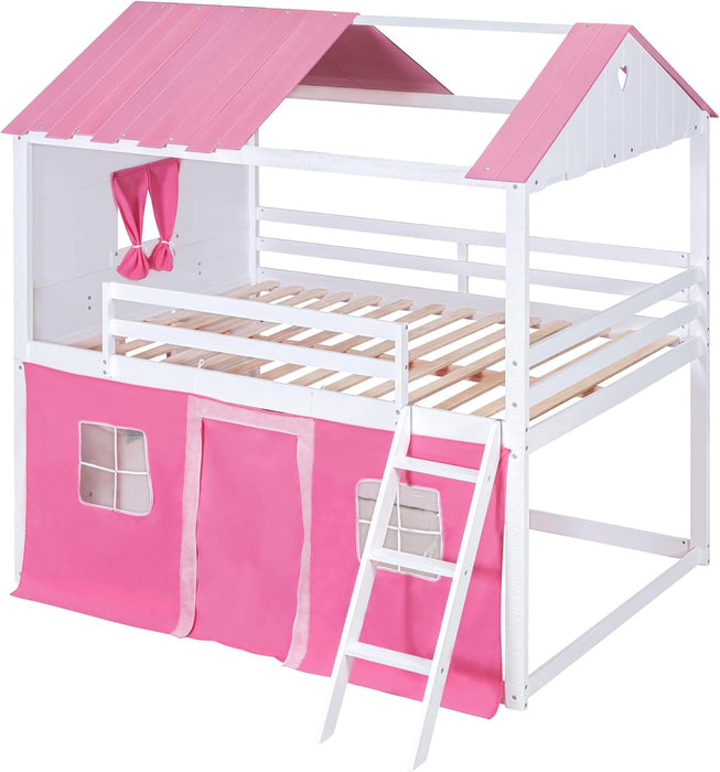 TwinOverTwin HousePlayhouse Bunk Bed PinkWhite Windows