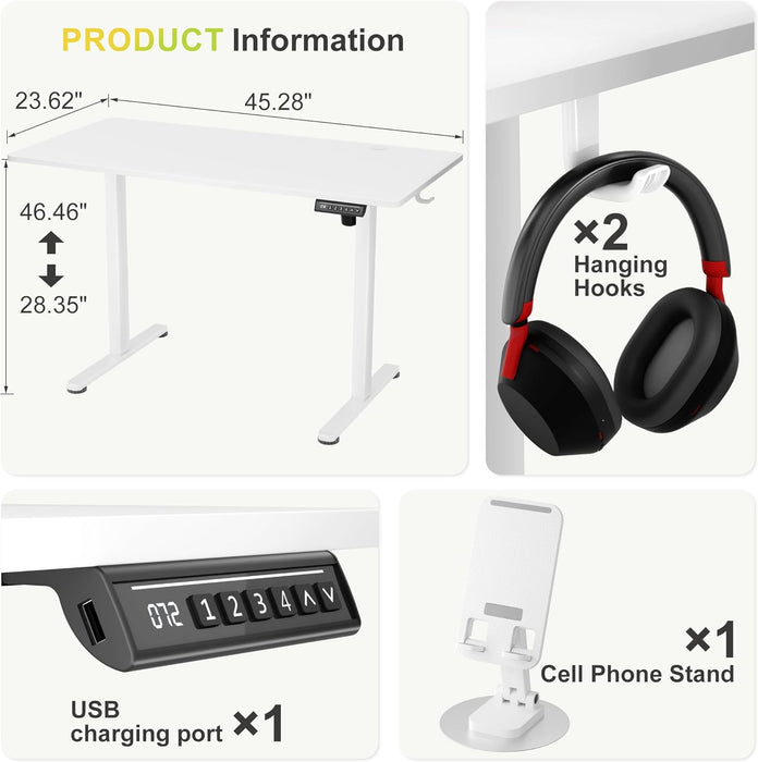 Electric Standing Desk, 45 X 24 Inches Sit Stand up Desk, Sit Stand Height Adjustable Home Office Desk with 4 Height Position Memory (White, 45)