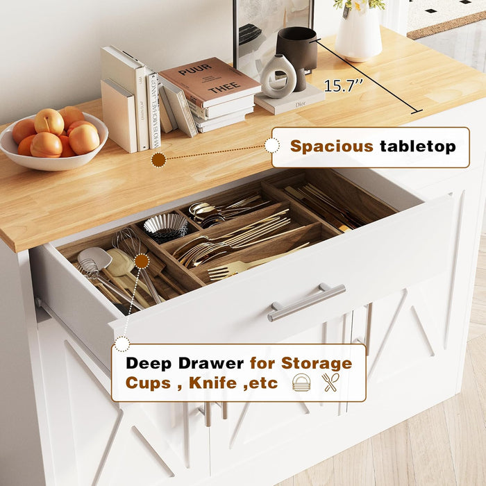 43” Sideboard Buffet Cabinet with Storage, Farmhouse Coffee Bar with Drawers and Shelves, Wood Buffet Table for Kitchen, Dining Room, White