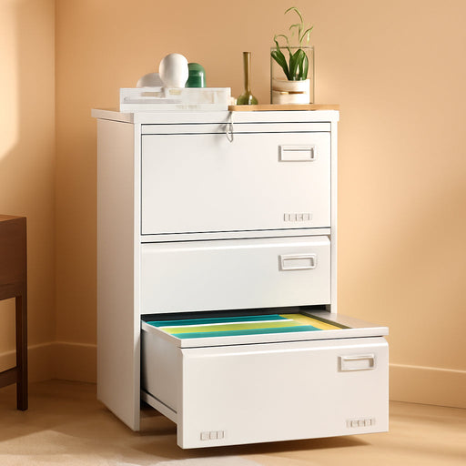 Lateral File Cabinet 3 Drawer File Cabinet with Lock and Card Holder, Metal Steel Lockable Drawer File Cabinets under Desk for Home Office Legal/Letter/F4/A4 White