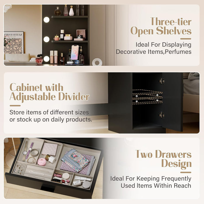35.4" Vanity Desk with LED Mirror & Power Outlet, Makeup Vanity Table with 3 Open Storage Shelves, Drawers and Cabinet, 3 Model Adjustable Lights for Bedroom & Dressing Room (Black)