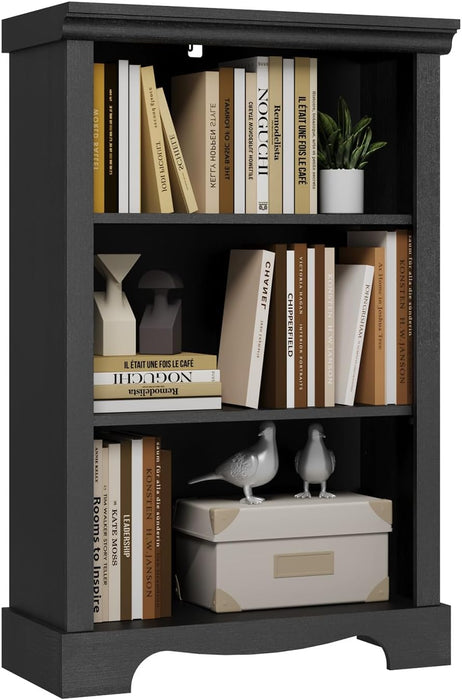 Black Three Tiered Bookshelf With Adjustable Shelves