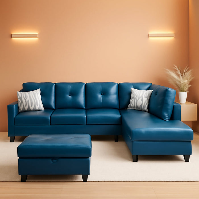L-Shaped 3-Piece Semi PU Synthetic Leather Sofa with Storage Ottoman Set, Sectional Couch Sofa Set for Living Room, Office, Small Space, Peacock Blue
