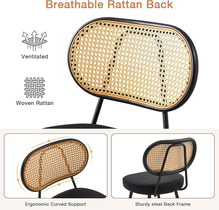 Counter Height Bar Stools Set of 2, 26" Seat Height Barstools with Rattan Back and Metal Legs, Upholstered Faux Leather Bar Chairs for Kitchen Island, Home Bar, Black