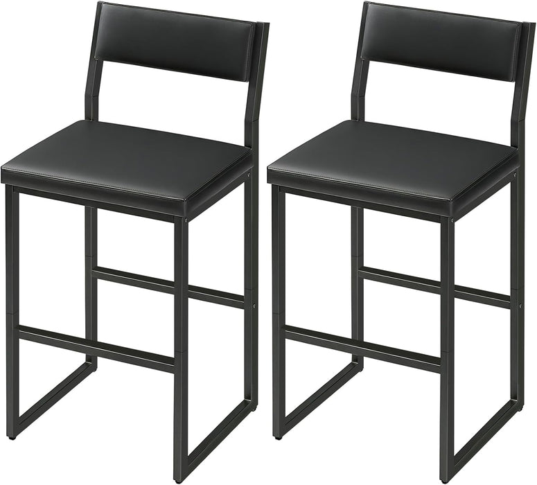 Bar Stools, Set of 2 Bar Chairs with Backrest and Footrest, 26" PU Leather Counter Height Barstools, PU Cushioned Seat, Metal Frame, for Kitchen, Dining Room, Home Bar, Black BABK11R01