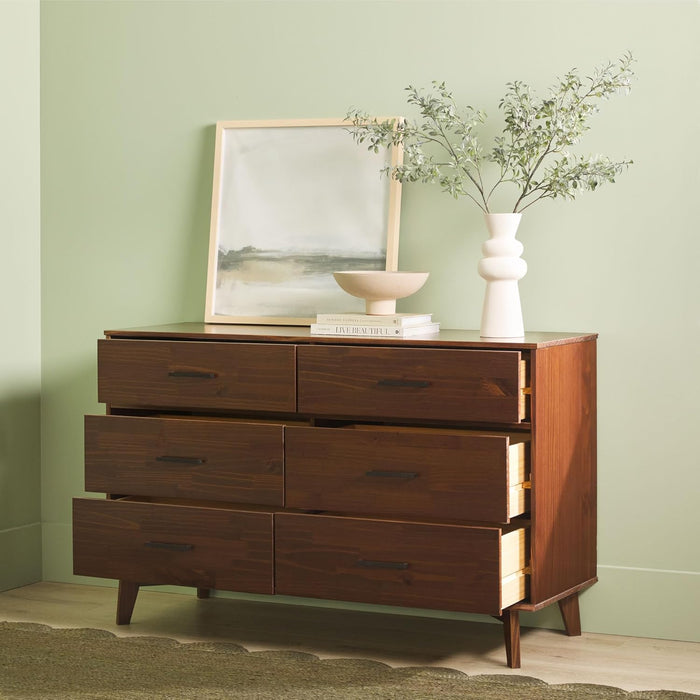 Modern Solid Pine Wood 6-Drawer Dresser with Metal Handles and Generous Storage Space, Walnut Finish