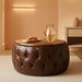 25 Inches Large round Storage Ottoman, Modern Upholstered Ottoman Coffee Table, Wooden Top, Soft Faxu Leather Surface, for Living Room, Bedroom, Classic Tufting, Brown