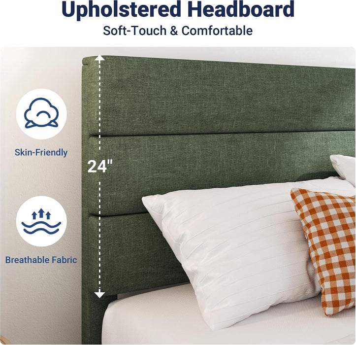 Queen Size Platform Bed Frame with Fabric Upholstered Headboard and Wooden Slats Support, Fully Upholstered Mattress Foundation/No Box Spring Needed/Easy Assembly, Green
