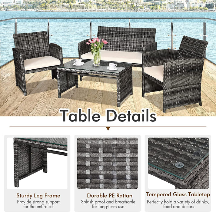 4-Piece Rattan Patio Furniture Set, Outdoor Wicker Conversation Sofa with Weather Resistant Cushions and Tempered Glass Tabletop for Lawn Backyard Pool Garden (Beige)