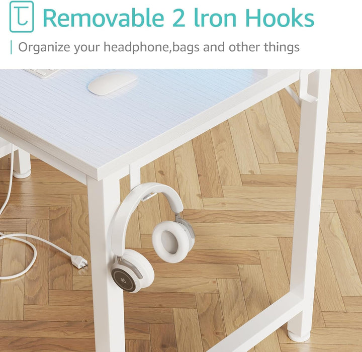 White Desk with 4 Drawers - 47 Inch Gaming Desk with Monitor Stand, Computer Gaming Desk with LED Lights Power Outlets and Storage Bag Fabric Drawer for Home Office, Bedroom, White