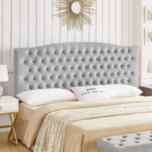 Velvet Upholstered Tufted Button King Headboard and Comfortable Fashional Padded King/California King Size Headboard- Gray