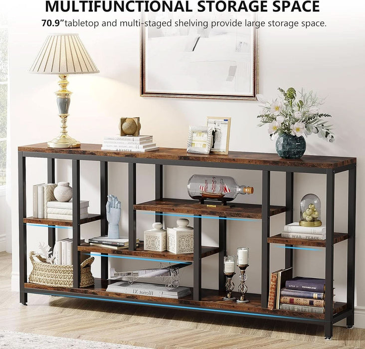 Console Sofa Table, 70.9 Inch Extra Long Table behind Couch with Storage Shelves, 3-Tier Industrial Narrow Entryway Hallway Accent Table for Living Room, Rustic Brown