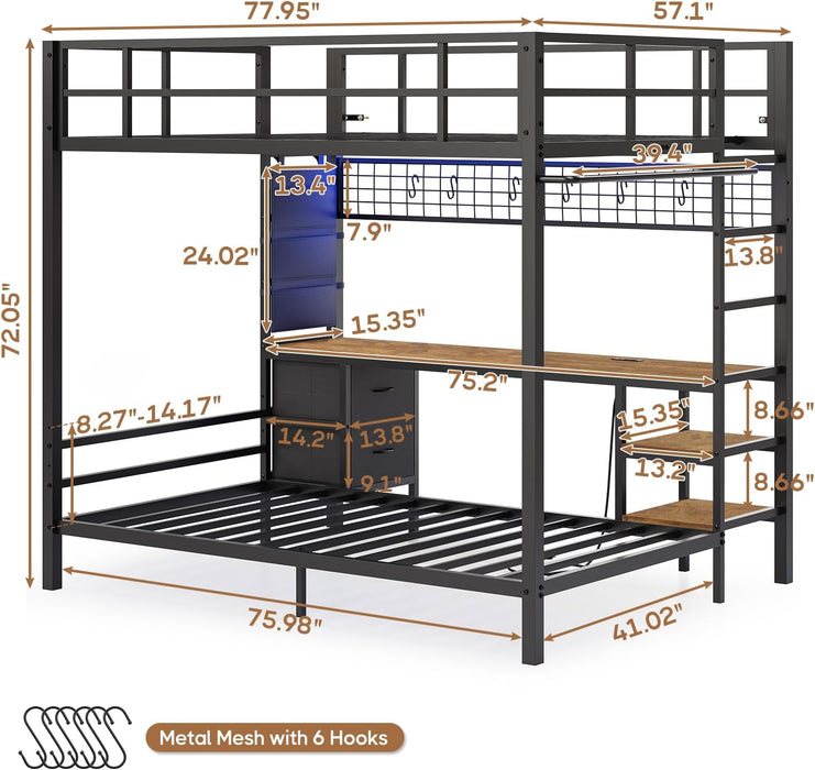 Full over Twin Bunk Bed with Desk and Charging Station Metal Full Size over Twin Loft Bed with Led Lights & Storage Shelves and Drawers for Teen,Safety Guard & Stairs,No Box Spring Needed,Black