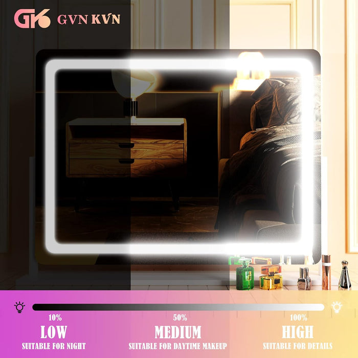 Makeup Vanity Mirror with Lights 32" X 24" Large LED Makeup Mirror, Light up Mirror with 10X Magnification and USB Charging Port, with Dimmable 3 Modes, Touch Screen Control round White
