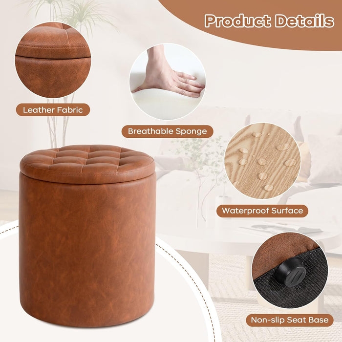 Round Ottoman with Storage Set of 2, 12.6"W X 14.17"H & 14.76"W X 17.32"H Faux Leather Button Tufted Storage Ottoman, Boucle Vanity Stool Footrest Coffee Table for Living Room, Bedroom, Brown