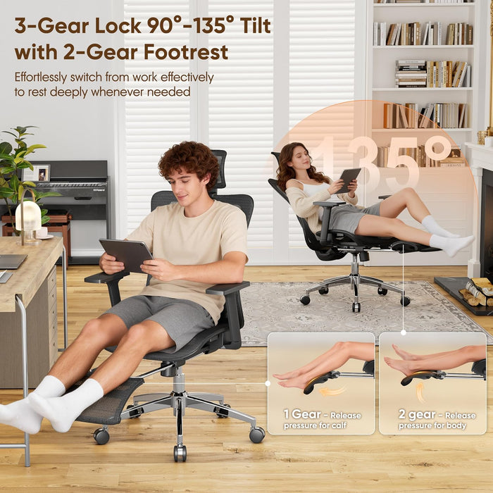 Ergonomic Office Chair with Footrest, 135° Reclining Desk Chair with Adjustable Lumbar Support,3D Armrest,Headrest & Large Steel Base, 300LBS Heavy Duty Mesh Chair