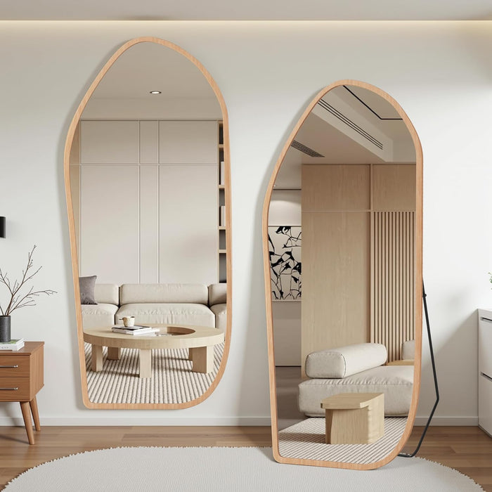 Full Length Mirror, Oversized Floor Mirror with Solid Wood Frame, Large Standing Mirror for Bedroom Living Room, Wood Art Style, Light Walnut, 74" L X 32" W