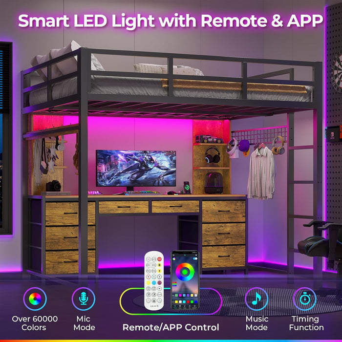 Full Size Loft Bed with Desk and 8 Storage Drawers, Metal Loft Beds Full with LED Lights & Charging Sation, Heavy Duty Loft Bed Frame with 6 Storage Shelves, Space-Saving, Rustic Brown