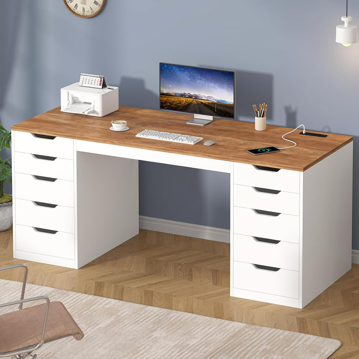 55 Inch Computer Desk with 10 Drawers and Outlets for Home Office