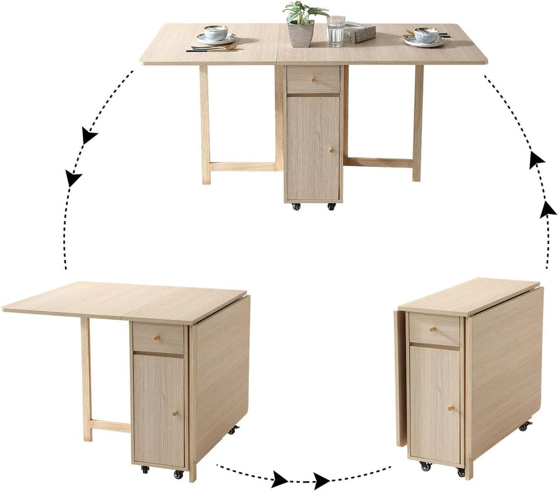Drop Leaf Folding Dining Table with Storage, Wheels, Space Saving | Foldable Design, 18Mm Thick Plywood, 300 Lbs Capacity, Locking Wheels, Farmhouse Style, for Living Room Kitchen Small Spaces