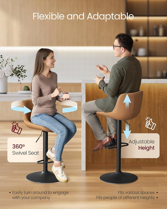 VASAGLE Bar Stools Set of 4, Adjustable Height Swivel Barstools with Ergonomic Backrest, Synthetic Leather, Larger Metal Base, Modern Tall Bar Chairs for Kitchen Island, Caramel Brown