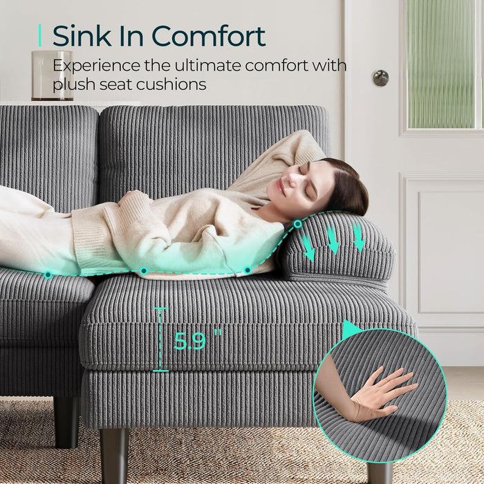 Sectional Couch, 111'' W Corduroy U Shaped Sofa with Sleepable Armrests, 4 Seat Couch with Double Chaises, Deep Sofa for Living Room, Grey