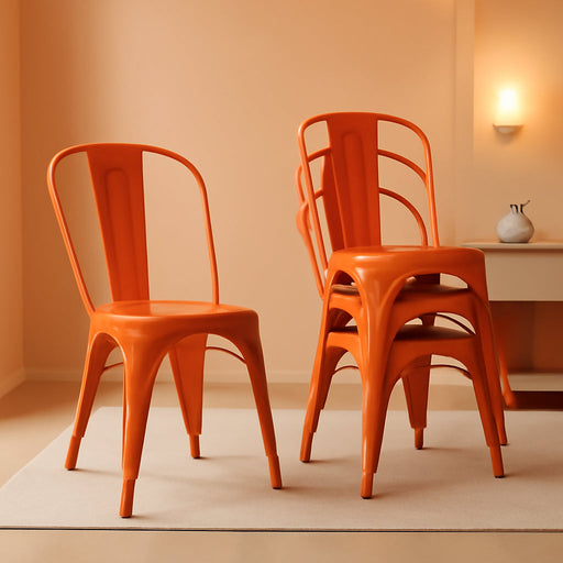 Metal Dining Chair Farmhouse Tolix Style for Kitchen Dining Room Café Restaurant Bistro Patio, 18 Inch, Stackable, Waterproof Indoor/Outdoor (Sets of 4) (Orange, Steel Seat)