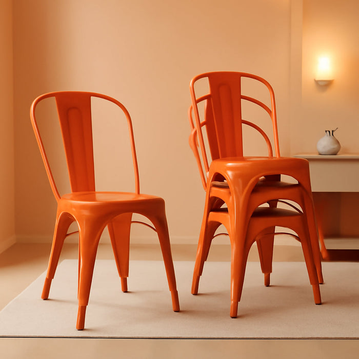 Metal Dining Chair Farmhouse Tolix Style for Kitchen Dining Room Café Restaurant Bistro Patio, 18 Inch, Stackable, Waterproof Indoor/Outdoor (Sets of 4) (Orange, Steel Seat)