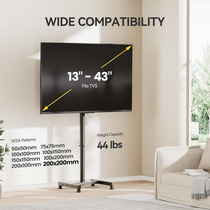 TV Floor Stand for 13-43 Inch Flat/Curved Tvs up to 44 Lbs, 8 Level Height Adjustable Monitor Floor TV Stand with VESA 200X200, Portable TV Mount Stand for Living Room, Bedroom, Office