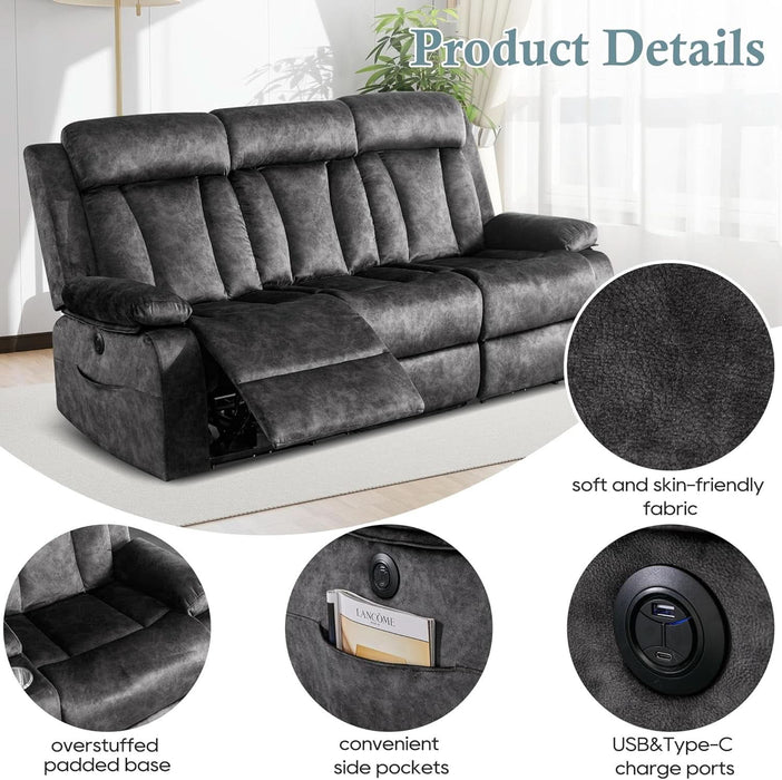 Power Reclining Sofa, 3-Seater Reclining Couch with Massage & Heat, Drop-Down Table, USB & Type-C Charging Ports, Cup Holders, Dutch Velvet, RV & Living Room Reclining Seating