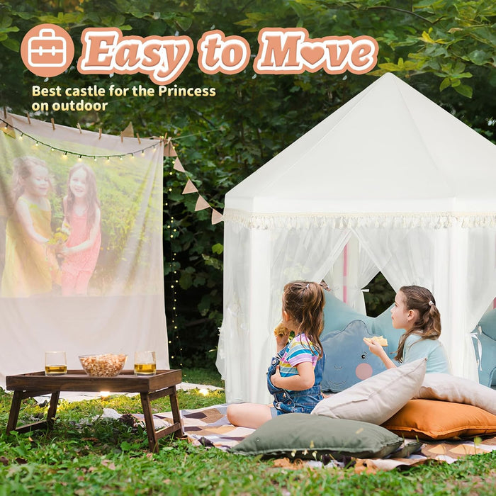 White Princess Tent Girls Tassel Decor Large Playhouse Kids Castle Play Tent with Star Lights Toy for Children Indoor and Outdoor Games, 55'' X 53'' (White Princess Tent with Tassel)