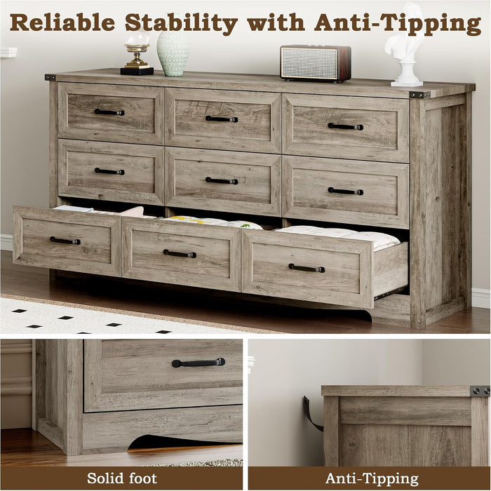 9-Drawer Dresser for Bedroom, Modern Wooden Chest of Drawers with Metal Handles, Anti-Tipping Design, Sturdy and Stable Storage Organizer for Living Room, Entryway, Home Office
