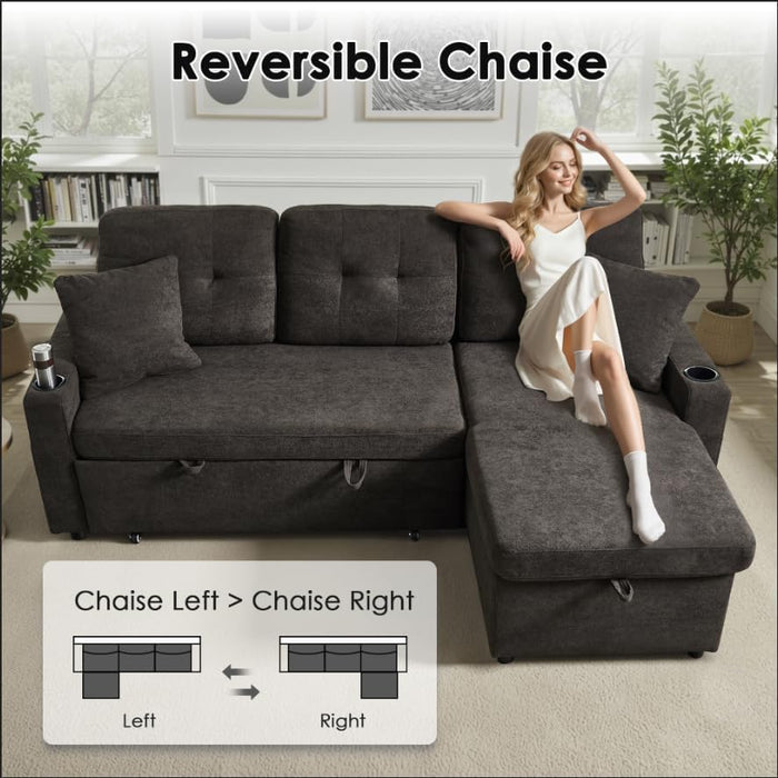 DarkGreyMicrofiber Reversible Sectional Sofa Bed With USB