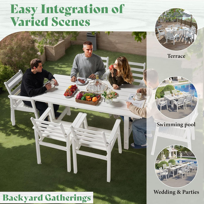 7-Piece HDPE Outdoor Dining Table Set with 6 Chairs, 71" L Patio Dining Furniture Set with Umbrella Hole, Modern Dinner Table & Chairs Set for Garden, Backyard, Poolside, White