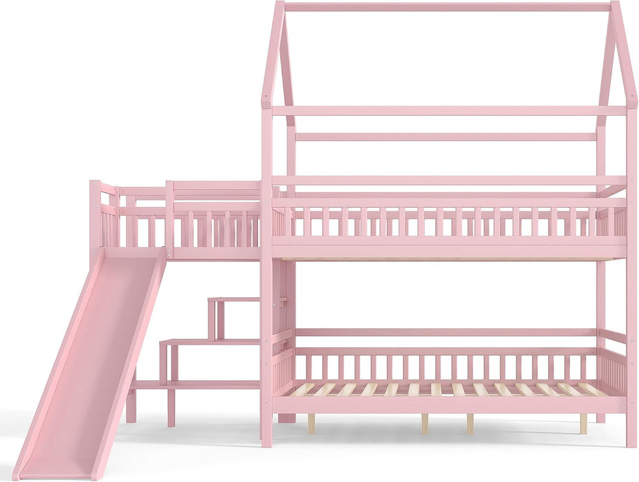 Pink FullOverFullBunkBed PlayhouseWithStairs Storage
