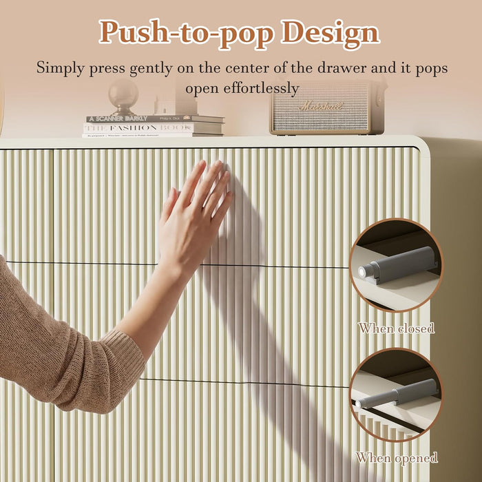 55" Wide Modern Dresser for Bedroom, 6 Drawer Chest of Drawers with Curved Design, Push-To-Open Storage Dresser, Beige