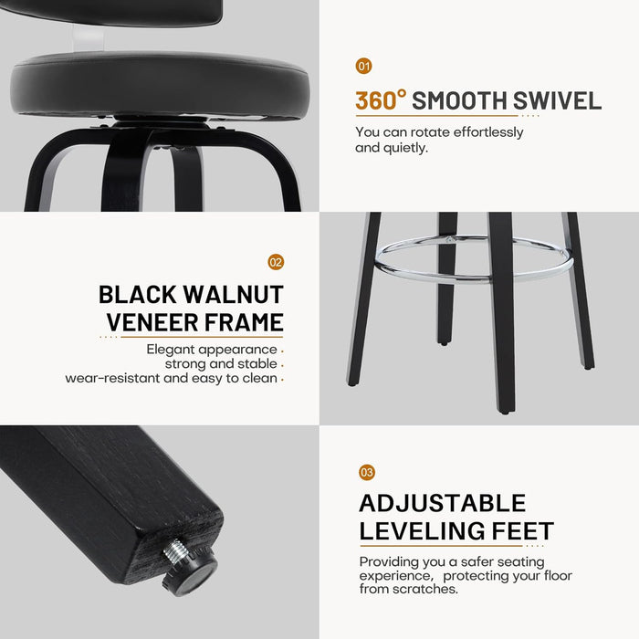 Swivel Counter Height Bar Stools Set of 3, 29" Upholstered Faux Leather Barstools with Back, Mid Century Modern Counter Stools with Black Walnut Wood Legs for Kitchen Island, Black