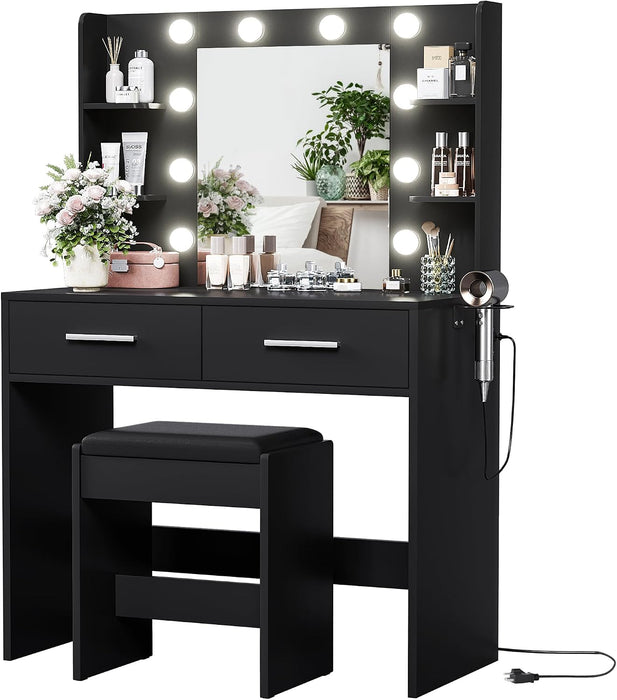 Vanity Desk With Extended Mirror Black PowerOutlet