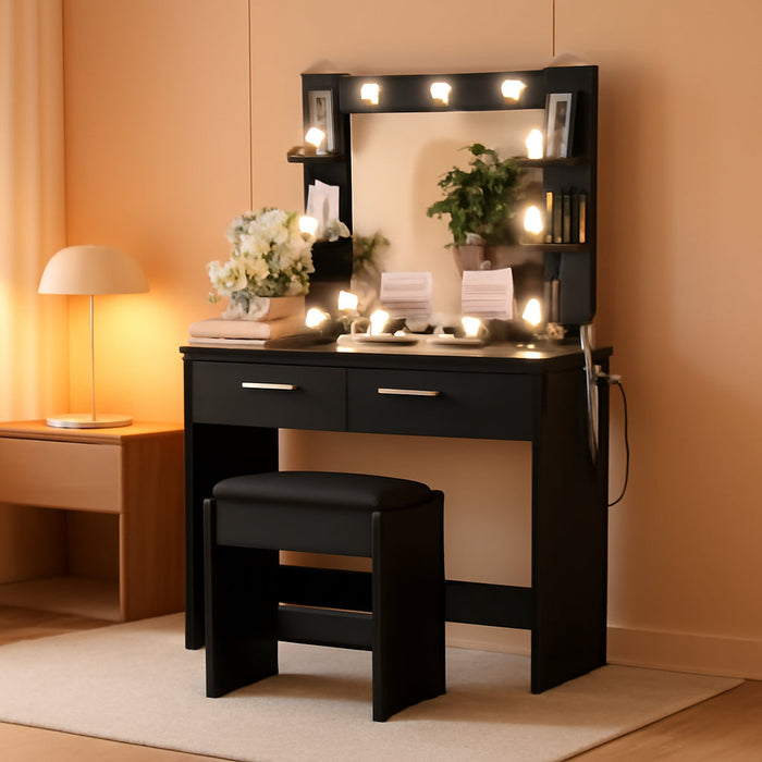 Vanity Desk With Extended Mirror Black PowerOutlet